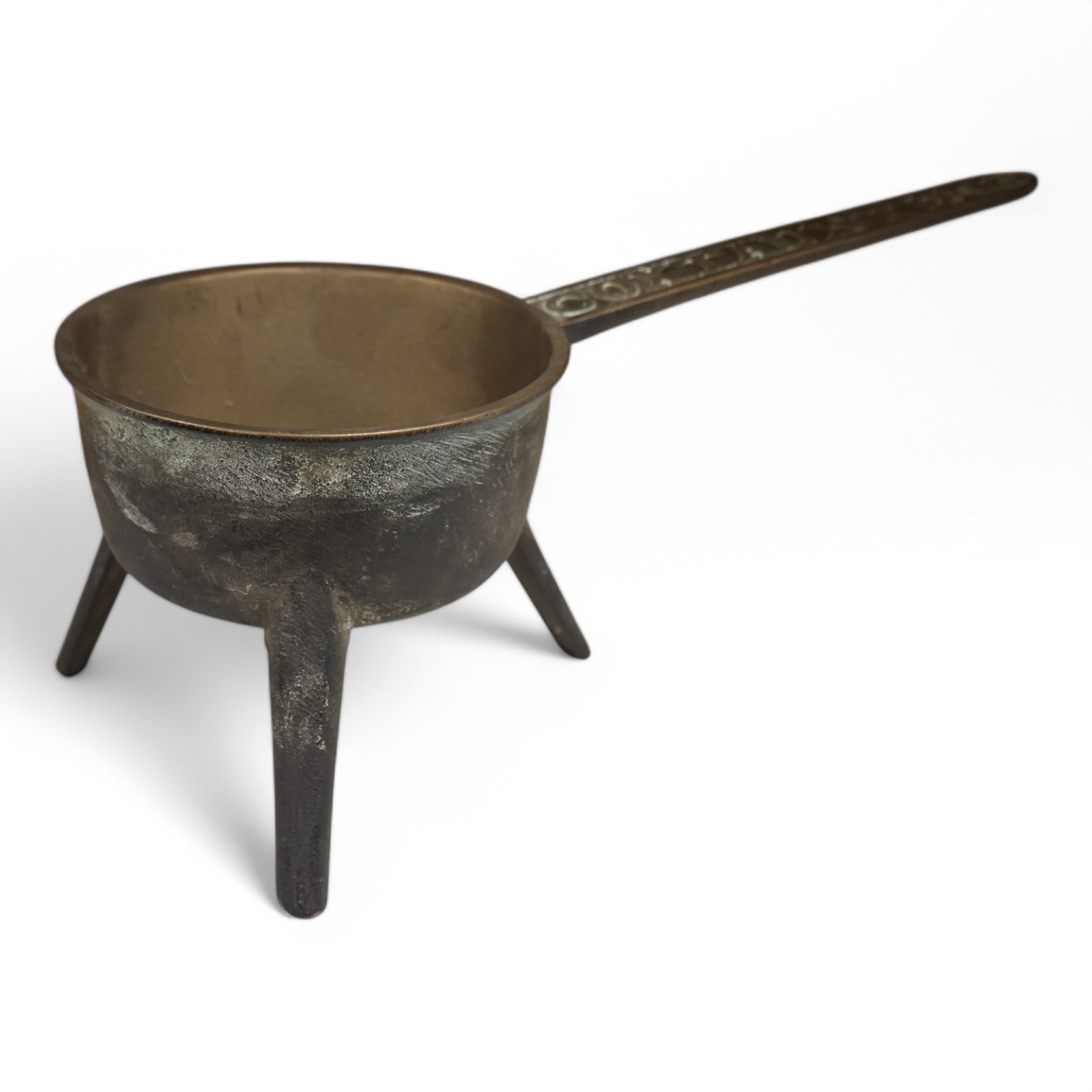 A George III bronze three legged skillet, Cox Taunton III, to handle, 39cm wide including handle. Condition - fair to good